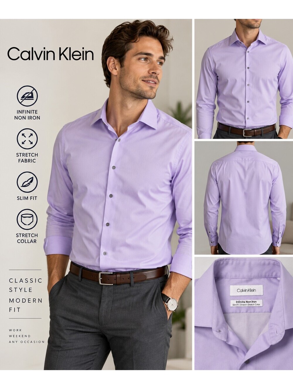 Calvin Klein Infinite Non Iron Slim Fit Dress Shirt 15.5 32/33 Lavender